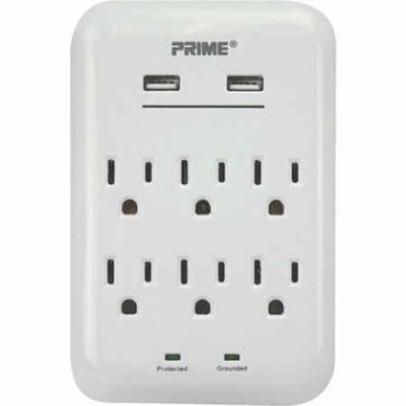 PRIME Surge Protector with USB Charger, 125 V, 15 A, 6 -Outlet, 1200 J Energy, White PBUSB346S